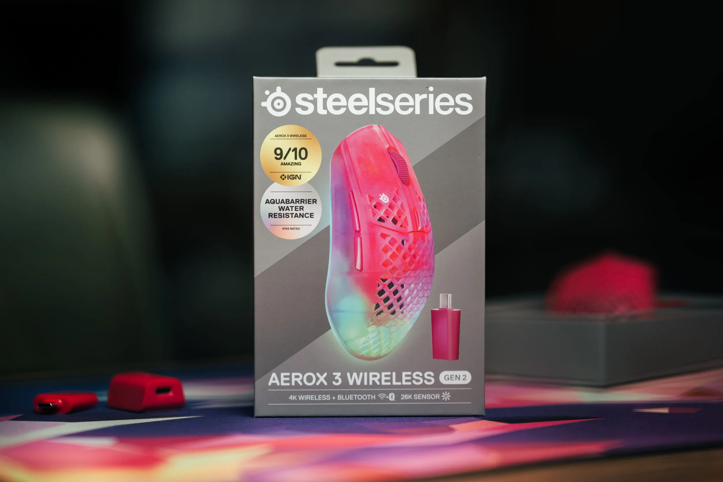 Esken til Aerox 3 Wireless Gen 2 med IGN 9/10-merket øverst i hjørnet