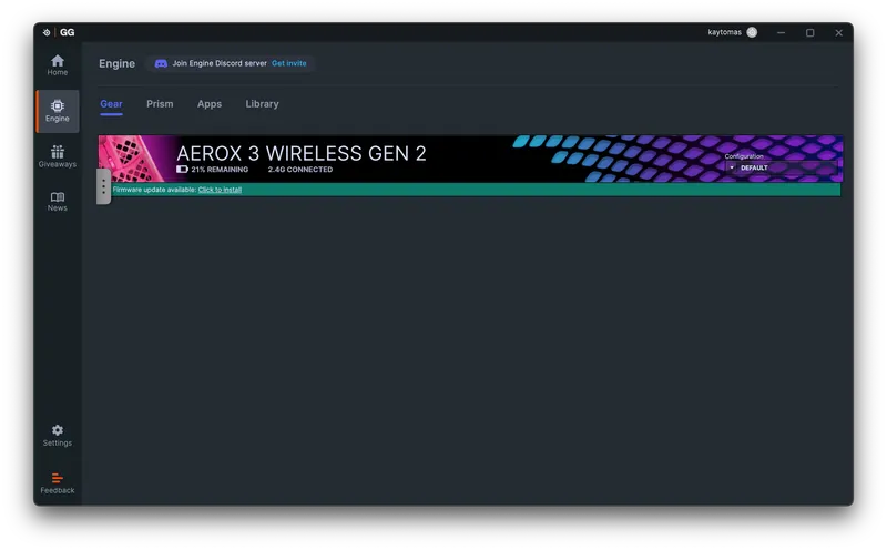 SteelSeries GG med Engine-fanen og Aerox 3 Wireless Gen 2 tilkoblet
