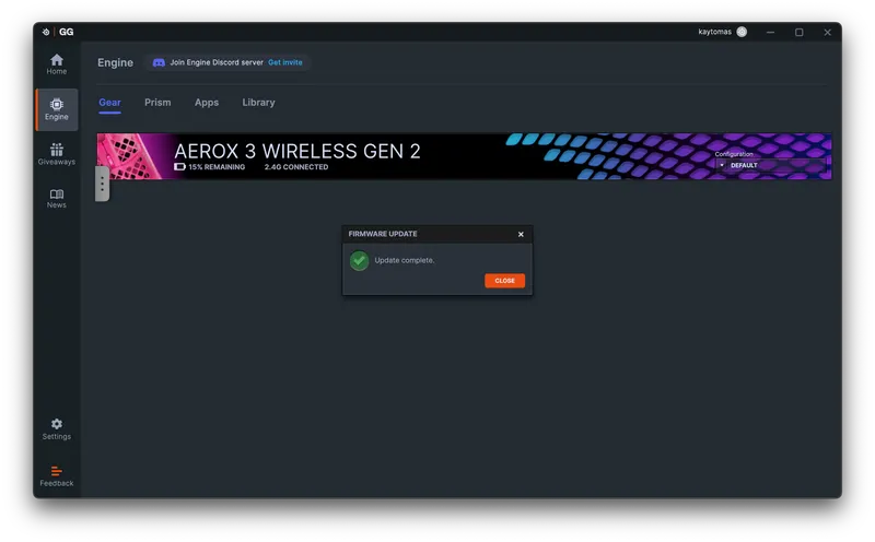 Fullført firmwareoppdatering for Aerox 3 Wireless Gen 2 i SteelSeries GG