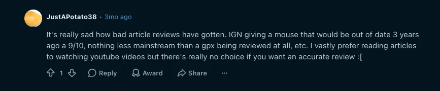 Reddit-kommentar som kritiserer IGN for å gi en utdatert mus 9/10