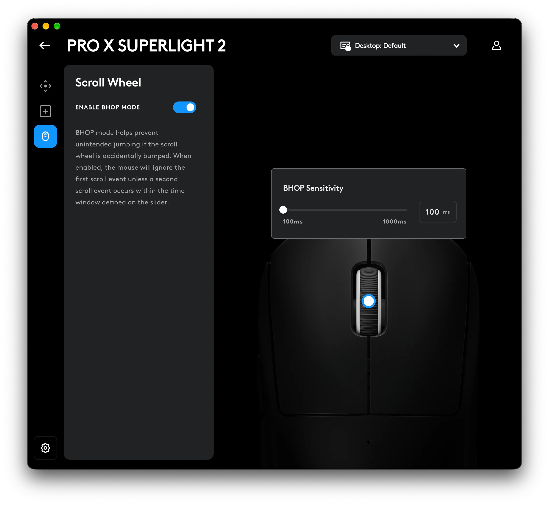 Skjermbilde fra G HUB som viser BHOP mode for scrollehjulet på Superlight 2