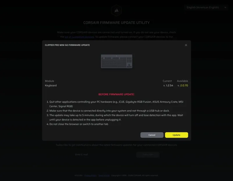 Corsair Web Hub varsler om at Clipper Pro Mini 60 ikke er på nyeste firmware