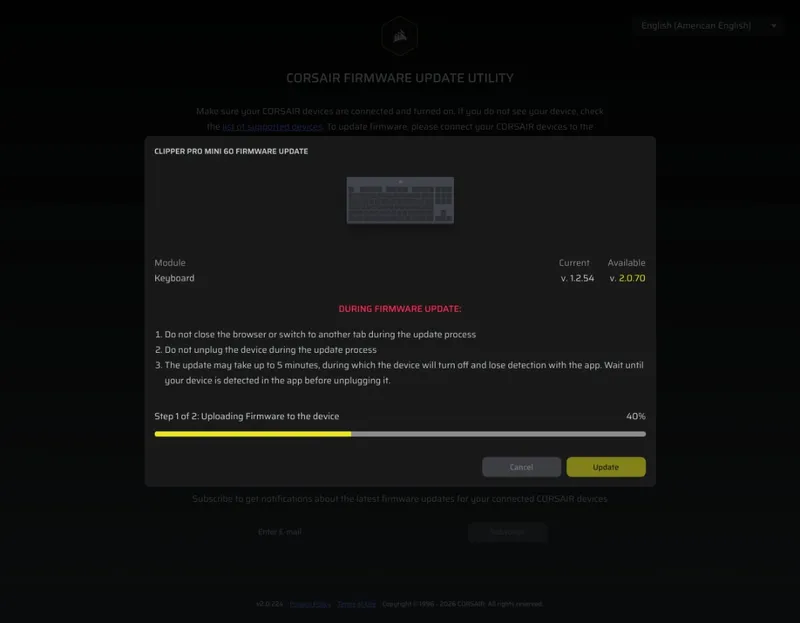 Firmware-oppdateringen starter i nettleseren via Corsair Web Hub