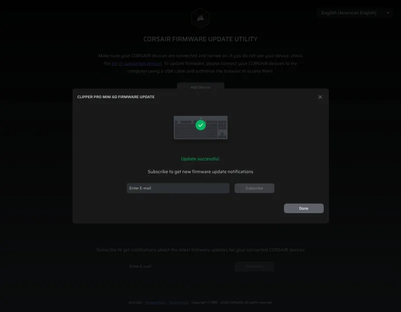 Corsair Web Hub bekrefter at firmware-oppdateringen er fullført