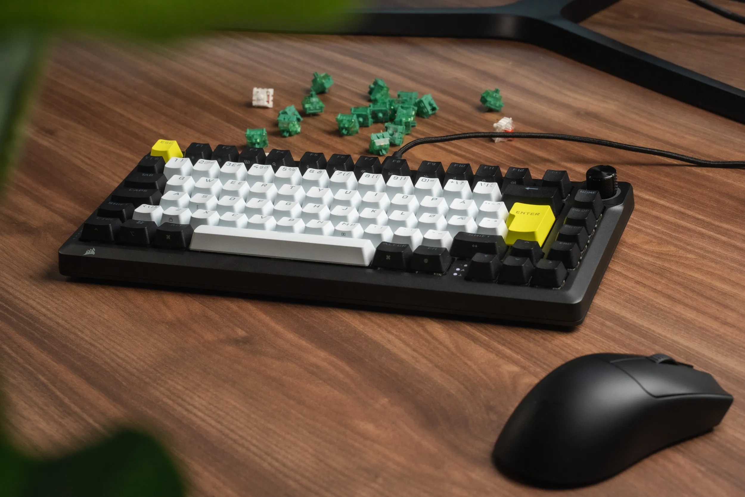 Corsair MAKR PRO 75 på et trebord ved siden av en mus, med en spredning av ekstra grønne magnetbrytere bak