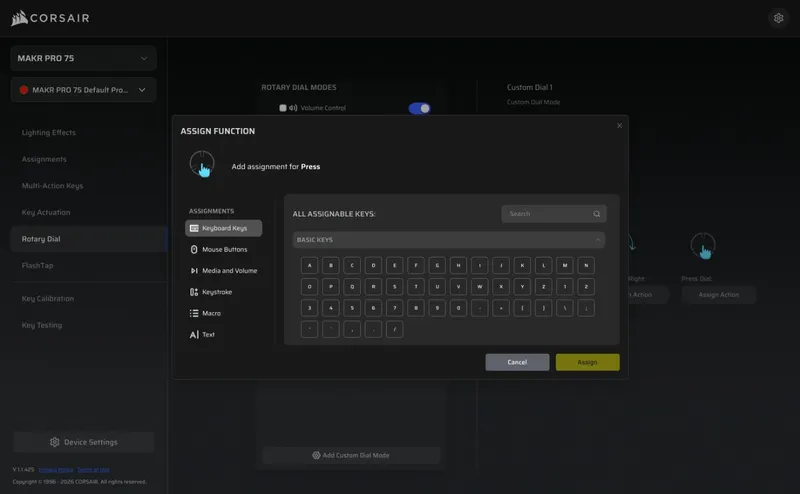 Corsair WebHub Assign Function-dialogen som viser rutenettet av tildelbare tastaturtaster for dreierattet