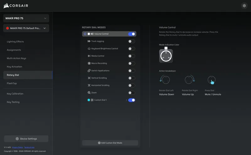Corsair WebHub-konfigurasjon av dreierattet som viser listen over rattmoduser og oppdelingen av drei venstre, drei høyre og trykk