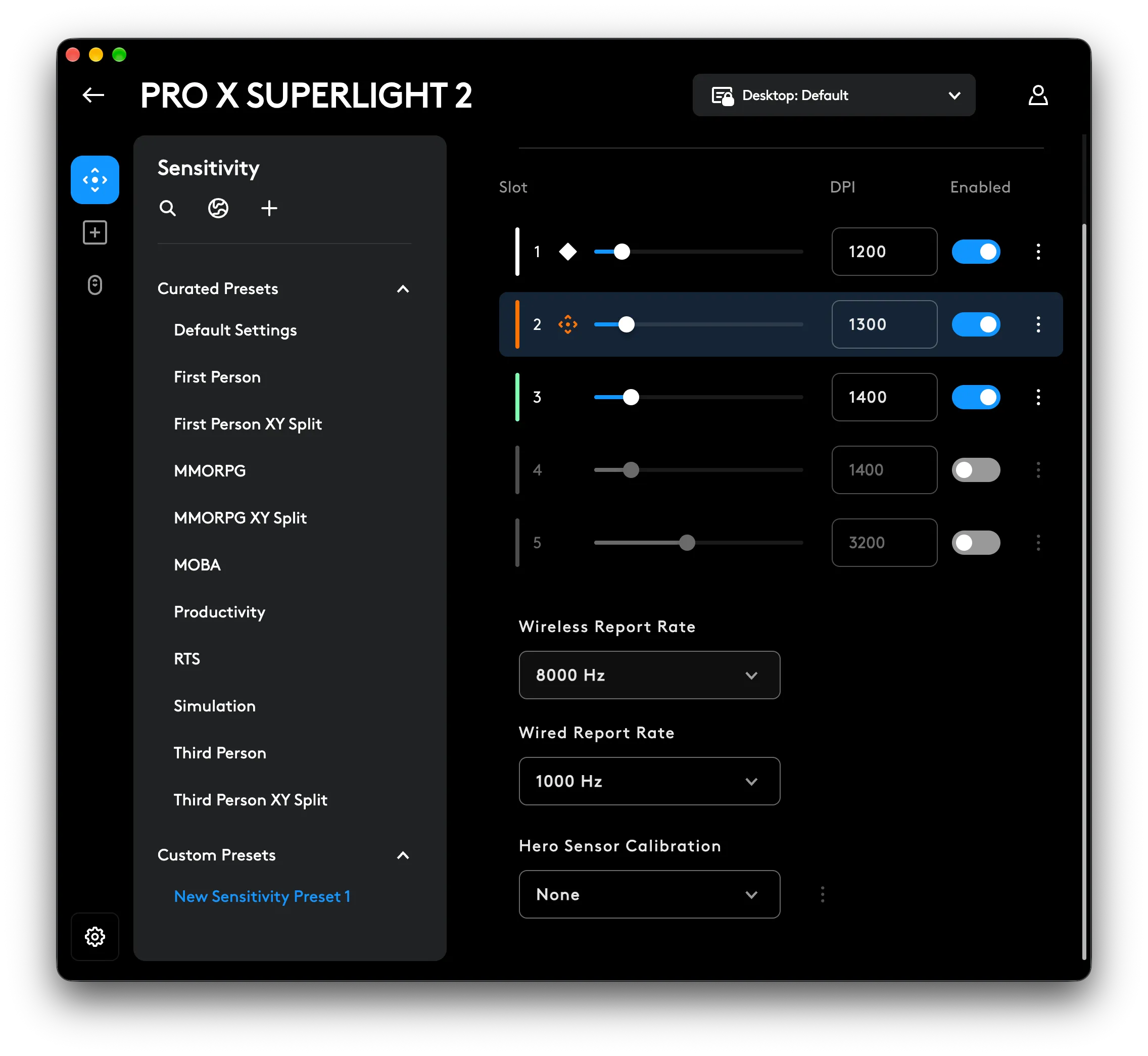 Skjermbilde fra G HUB med DPI-steg, presets og rapporteringsrate for Superlight 2