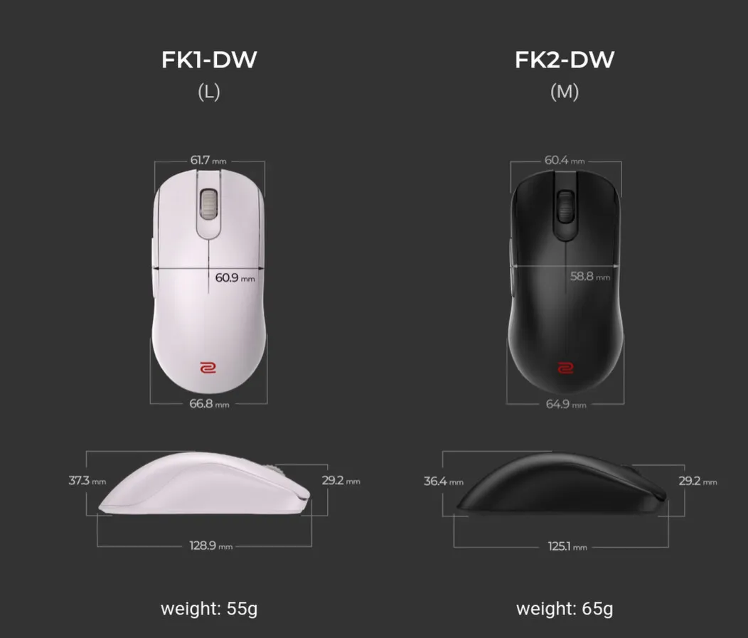 Størrelsessammenligning av Zowie FK1-DW og FK2-DW med mål