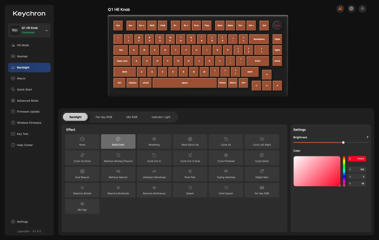 RGB-innstillinger i Keychron Launcher
