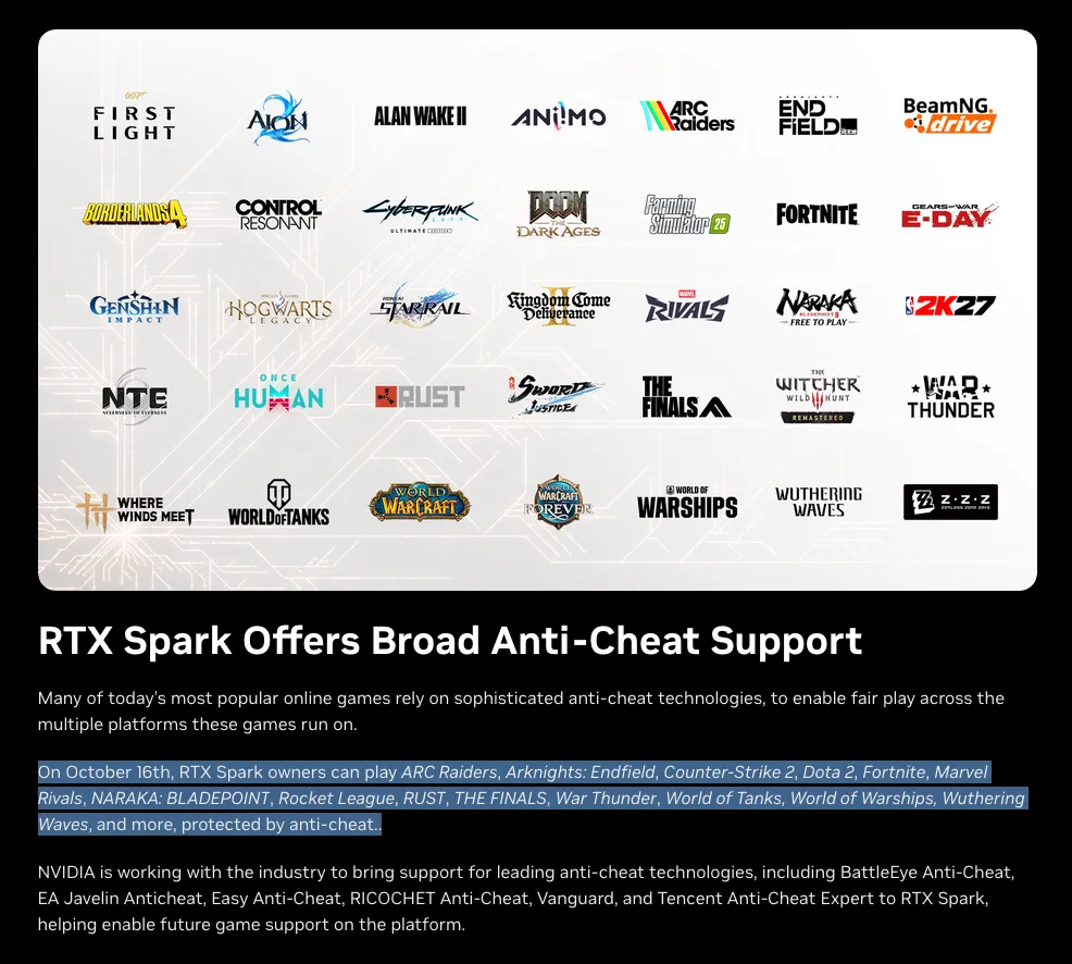 Oversikt over spill som støttes på RTX Spark ved lansering