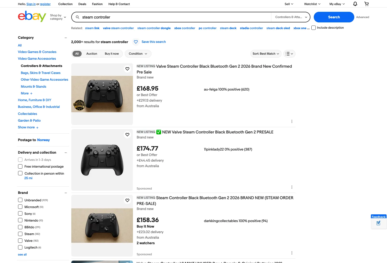 eBay-listinger som viser Steam Controlleren videresolgt med påslag