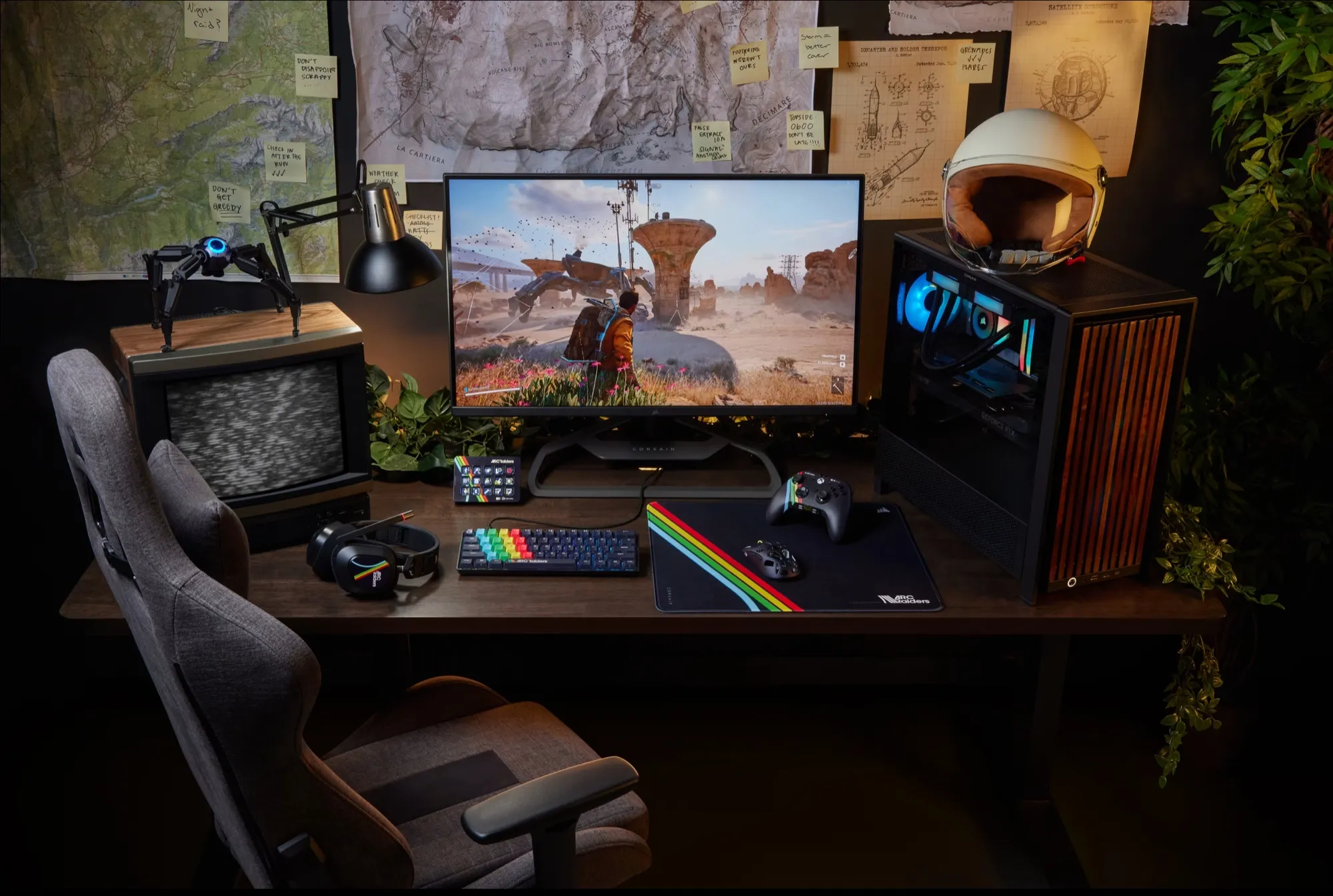 Skrivebord med tastatur, mus, headsett, kontroller, Stream Deck og den svarte MM Large-matta i Arc Raiders-design
