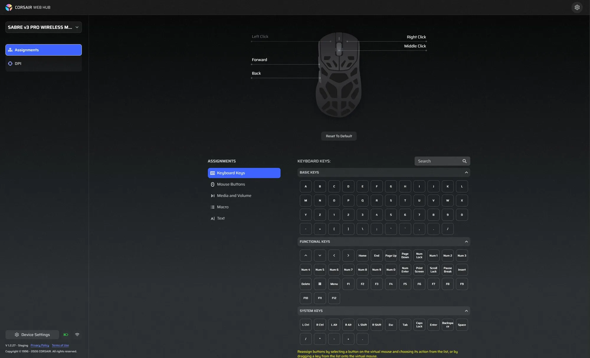 Corsair Web Hub i nettleseren med Sabre v3 Pro og knappetilordning