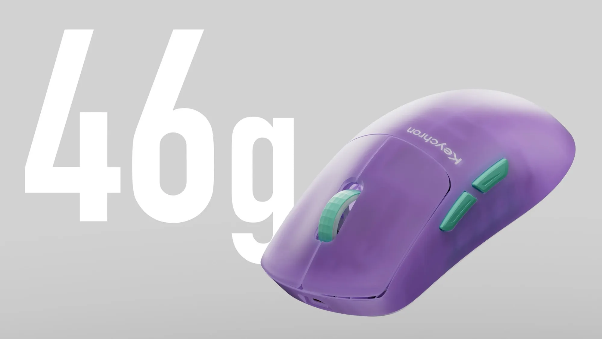 Keychron G6 HE i frostet lilla ved siden av stor tekst som viser 46g