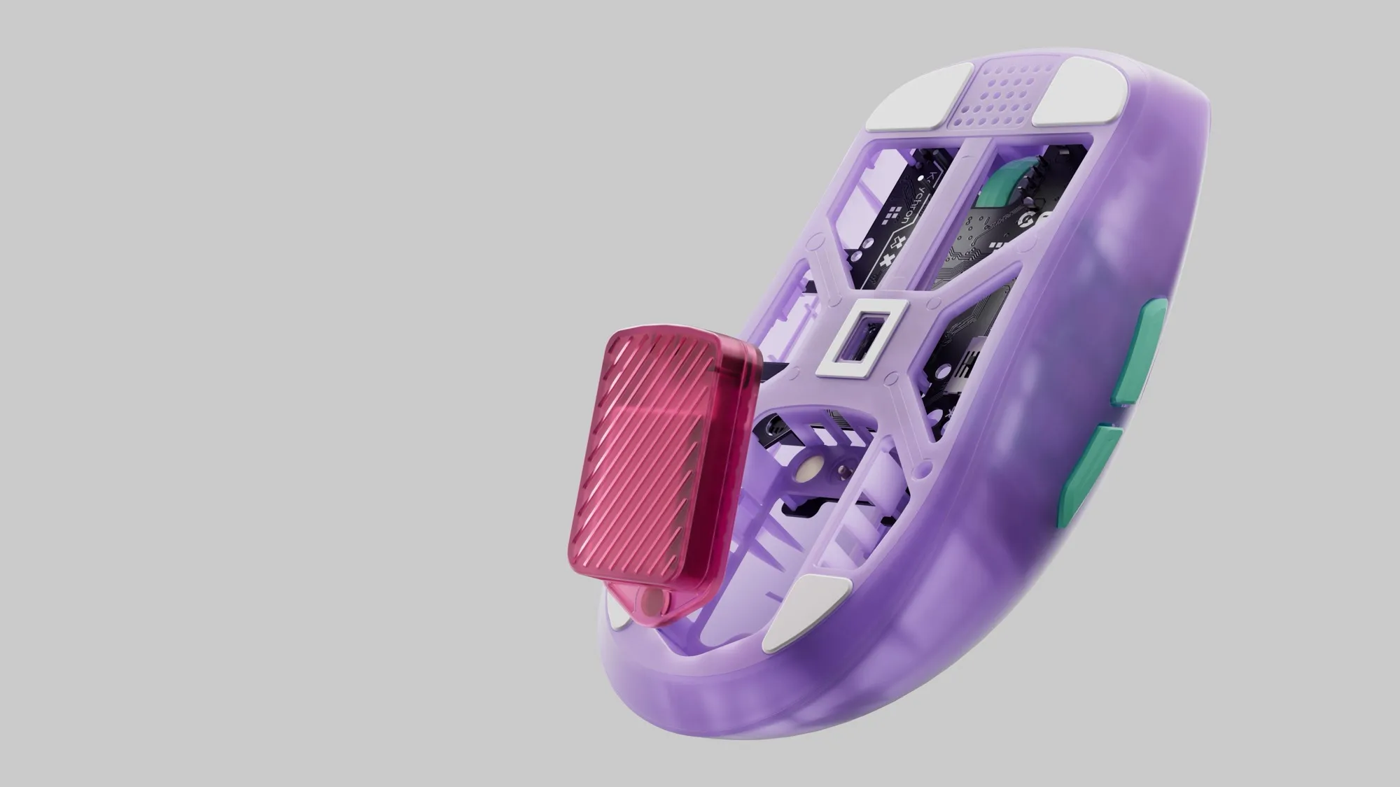 Undersiden av Keychron G6 HE med den rosa batterimodulen trukket ut