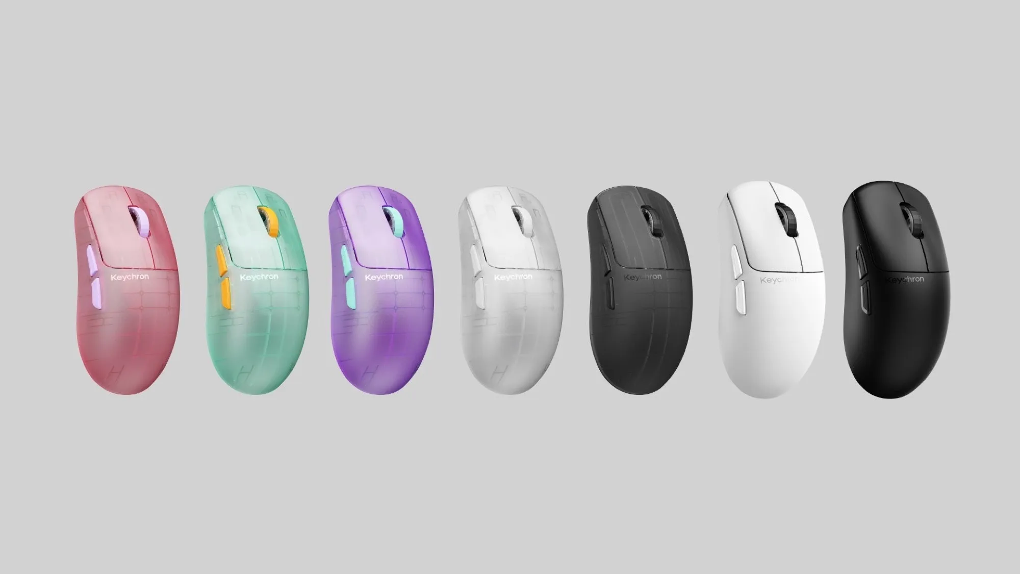 Keychron G6 HE i alle sju farger, sett ovenfra på rad