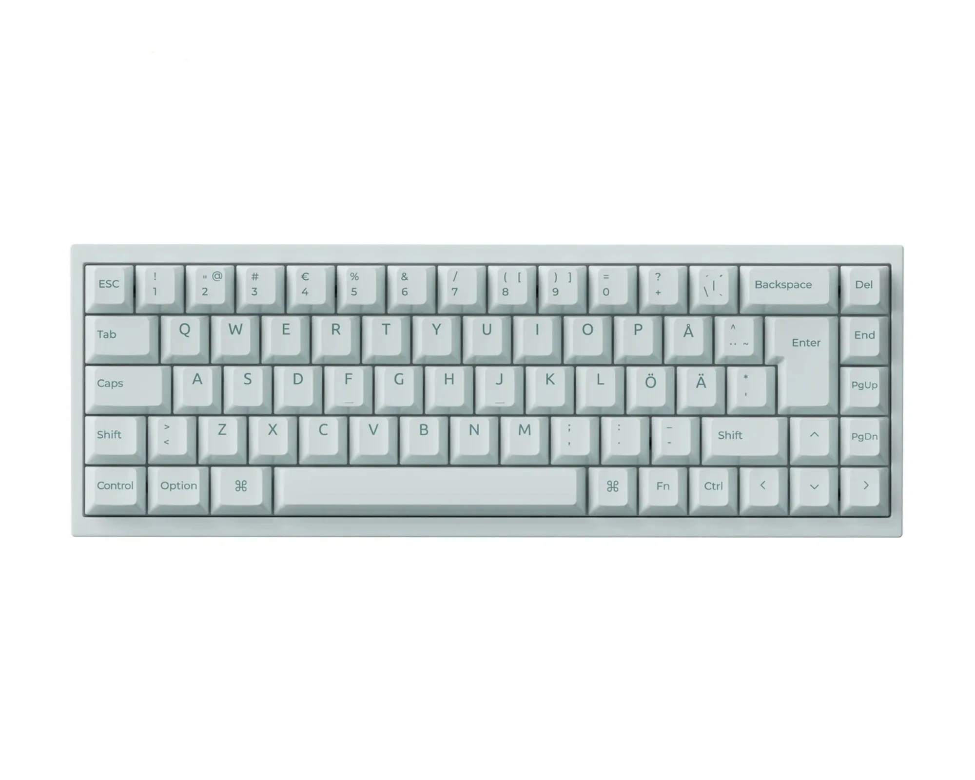 Keychron Q16 HE i limegrønn rett ovenfra, med nordisk layout, ISO-Enter og Å, Ö og Ä på egne taster