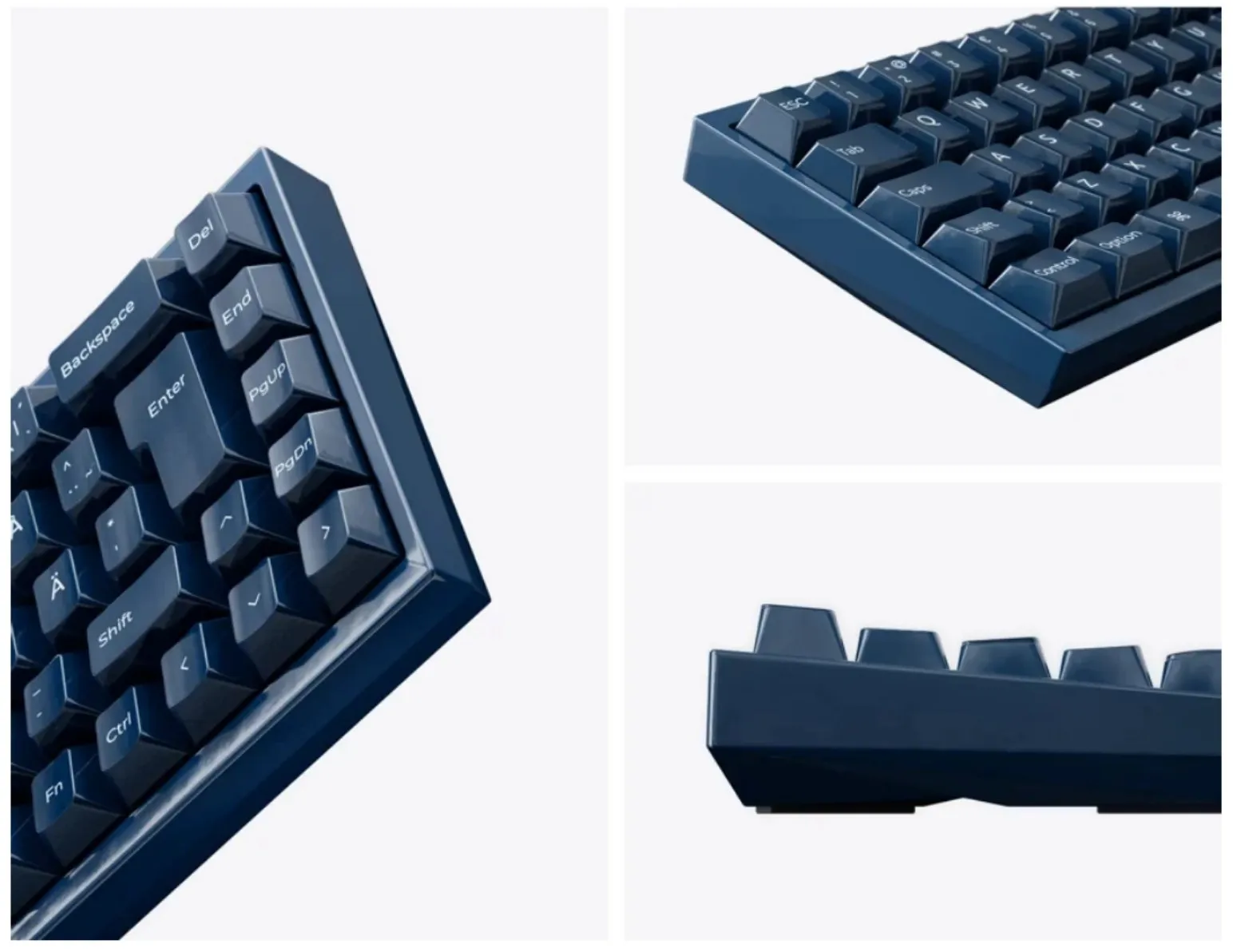 Tre utsnitt av Keychron Q16 HE i kongeblå med nordisk layout: høyre hjørne med ISO-Enter og Ä, venstre hjørne med Esc og Tab, og sideprofilen