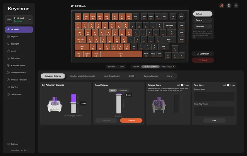 Keychron Launcher med innstillinger for aktueringspunkt og Rapid Trigger