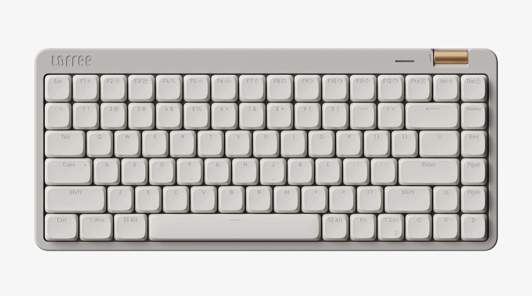 Lofree Flow Lite 84 i grå sett rett ovenfra, med volumrullen øverst til høyre og Lofree-logoen øverst til venstre