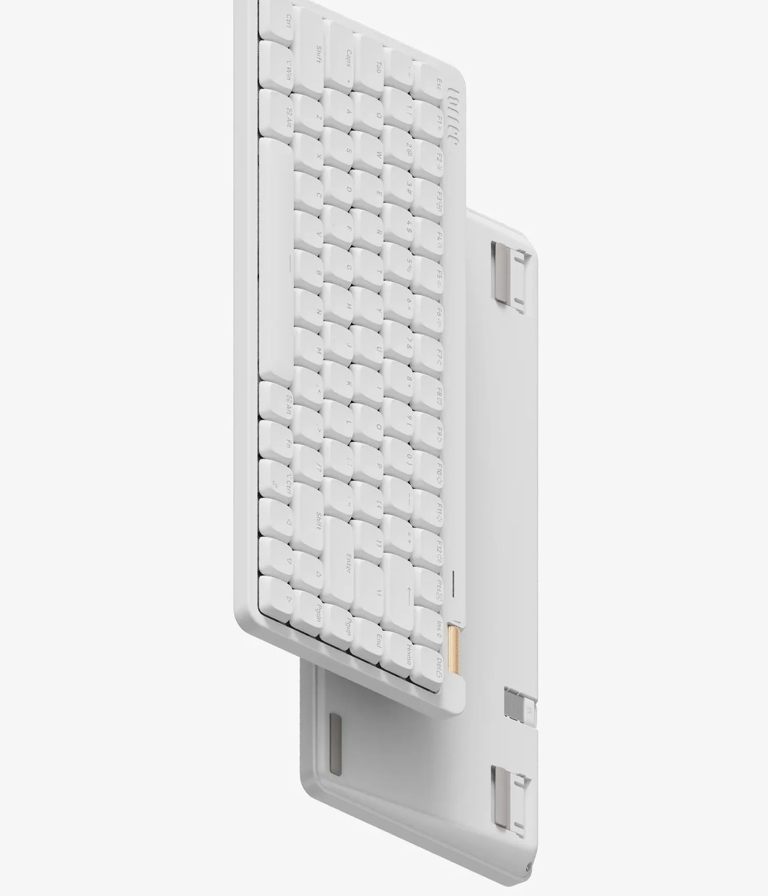 Lofree Flow Lite 84 i Off White sett ovenfra og fra undersiden, med sporet til 2,4 GHz-mottakeren og kickstand-føttene synlige under