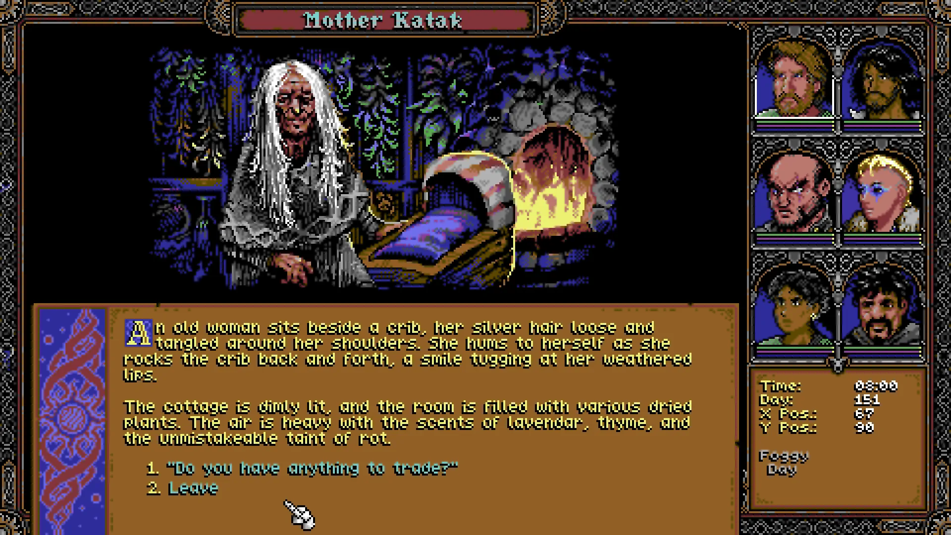 Dialogscene i SKALD der den gamle kvinnen Mother Katak sitter ved en vugge foran peisen, med tekstvalg under bildet