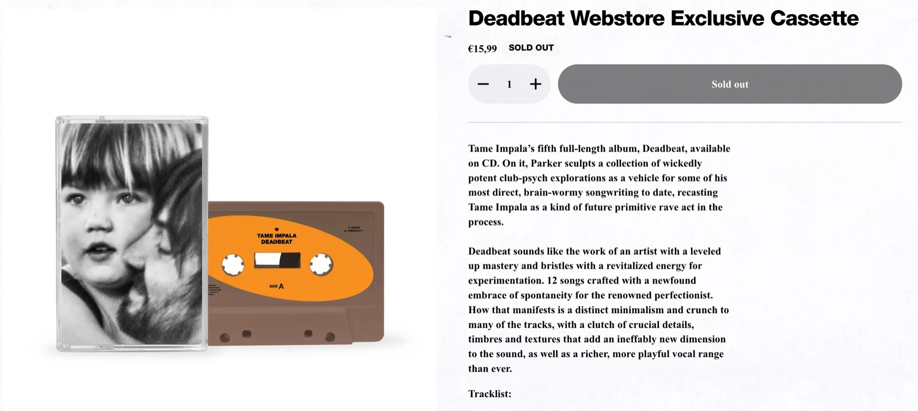 Tame Impalas nettbutikk viser albumet Deadbeat på kassett, utsolgt til 15,99 euro