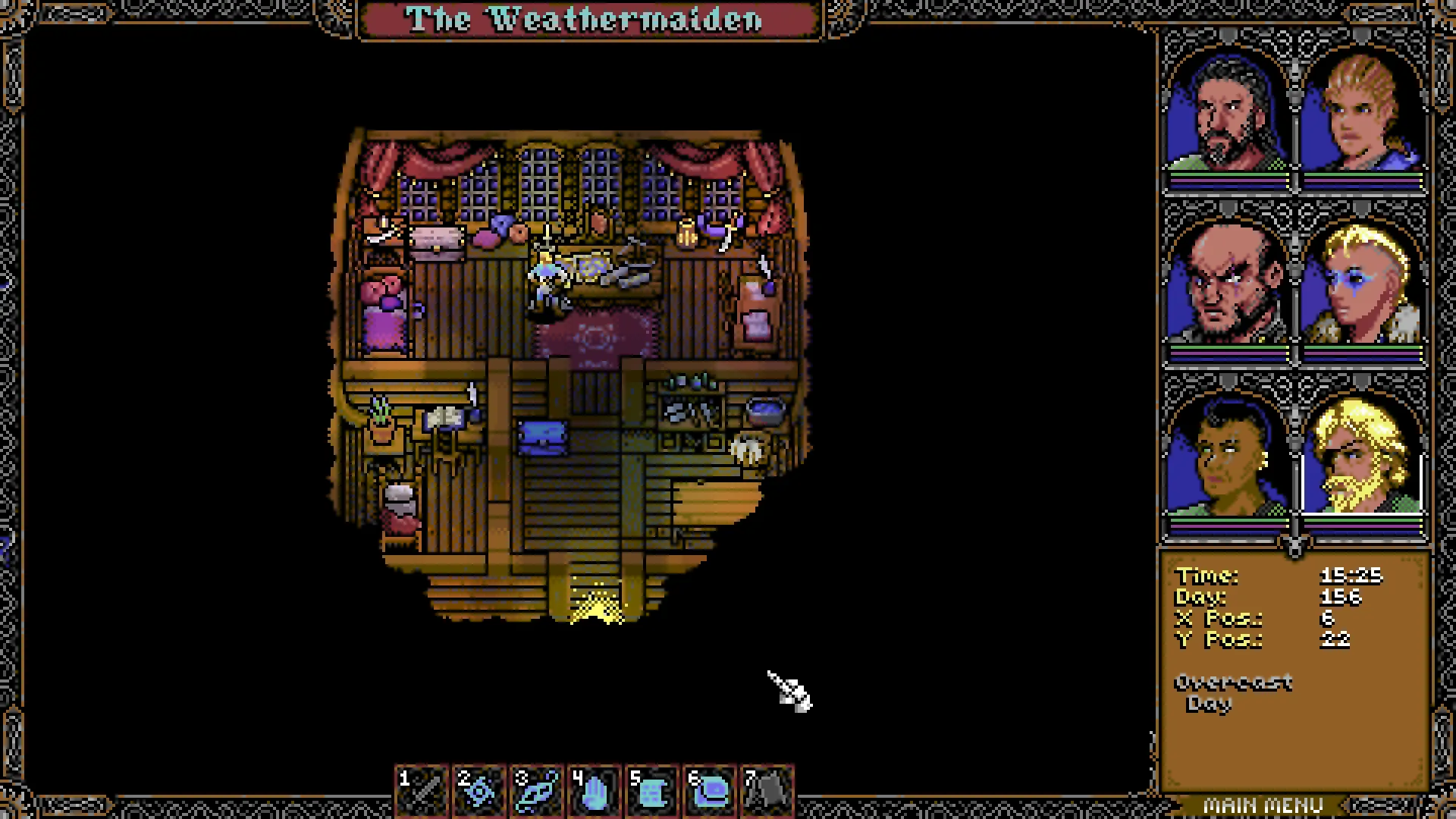 Partyet om bord på skipet The Weathermaiden i SKALD, sett ovenfra inne i en lugar med senger, kister og et kart på bordet