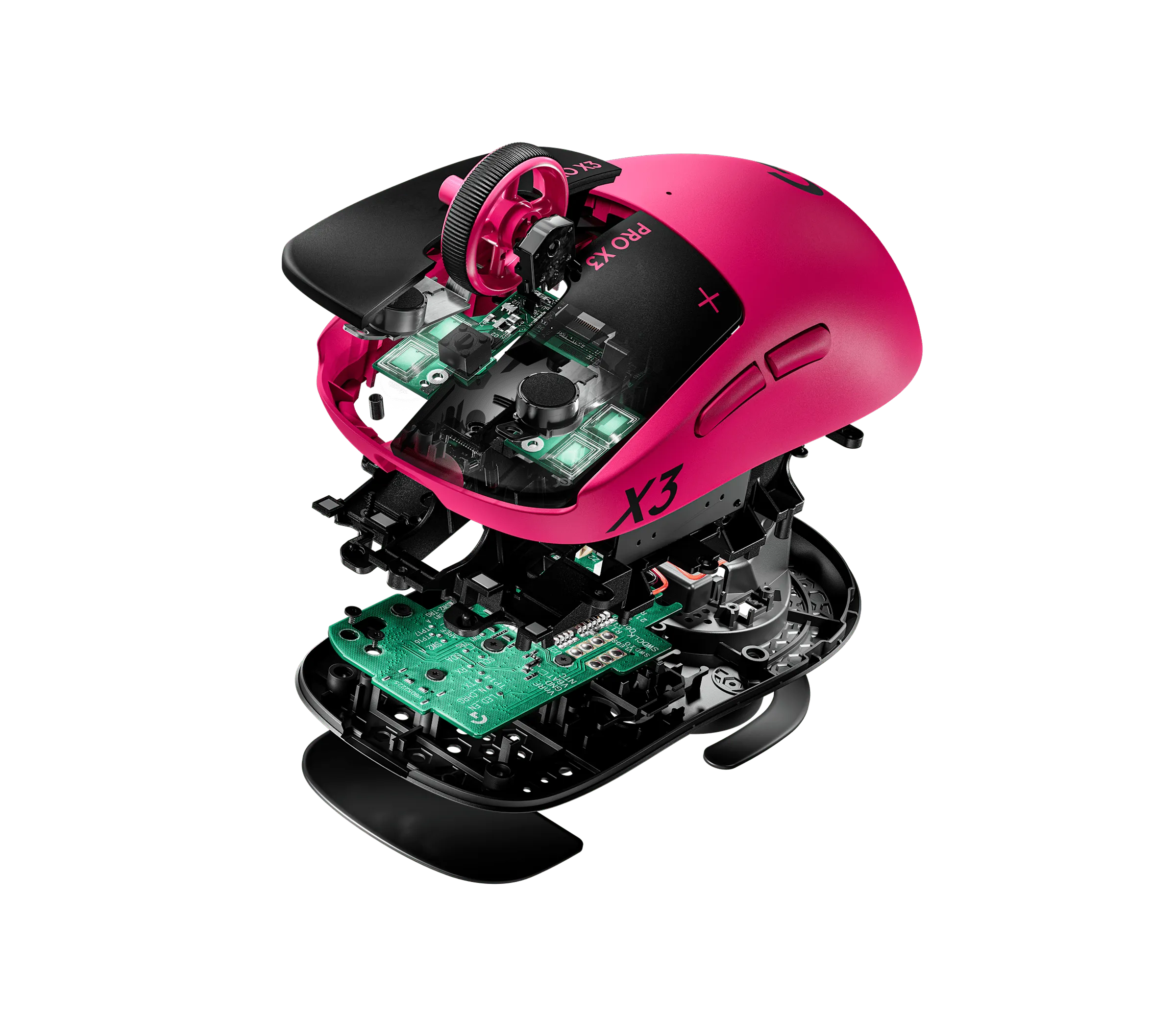 Eksplodert visning av Logitech G Pro X3 Superstrike i Magenta Eclipse som viser skall, kretskort, haptiske motorer og bunnplate