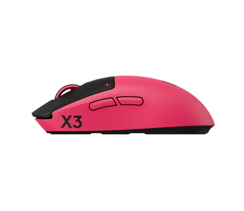 Logitech G Pro X3 Superstrike i Magenta Eclipse sett fra venstre side, med X3-logo og to sideknapper