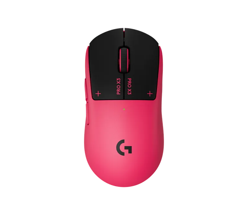 Logitech G Pro X3 Superstrike i Magenta Eclipse sett ovenfra, med sorte hovedknapper og magenta skall